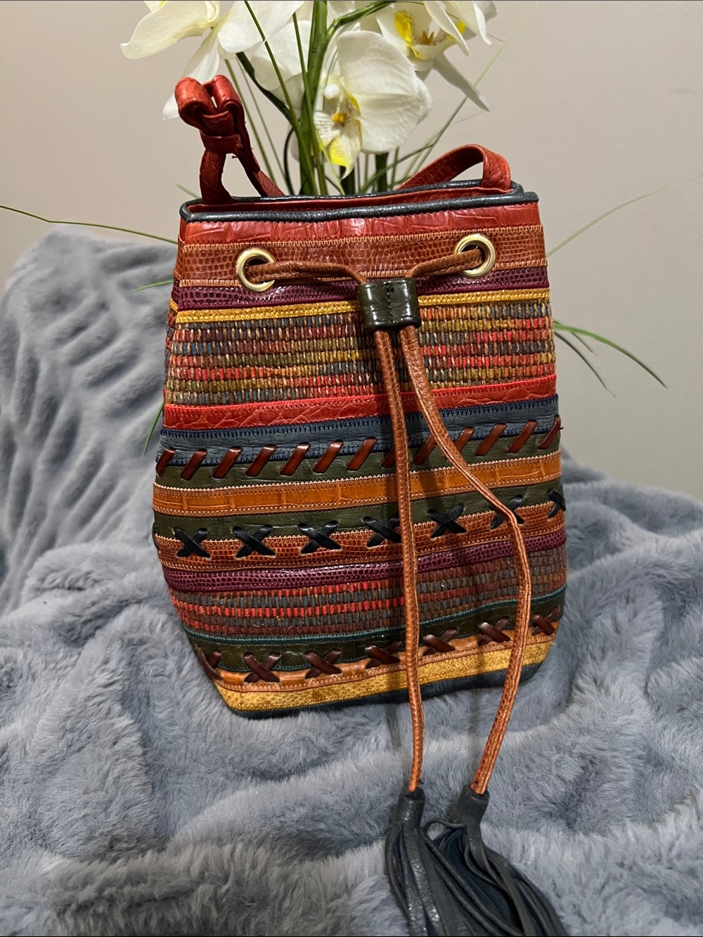 Sharif Vintage Multicolor Small Woven Leather Crossbody Bucket Bag EUC